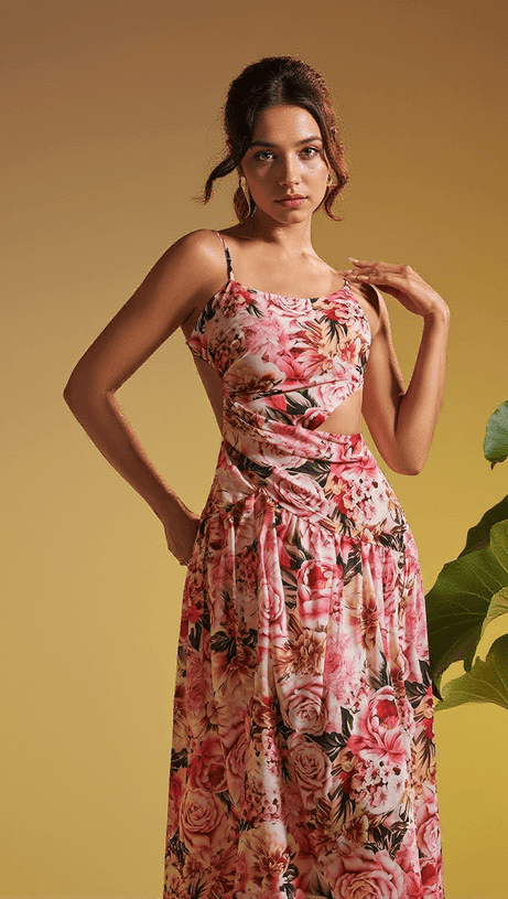 ABITO MIDI CON STAMPA FLOREALE A SPAGHETTI ACIE