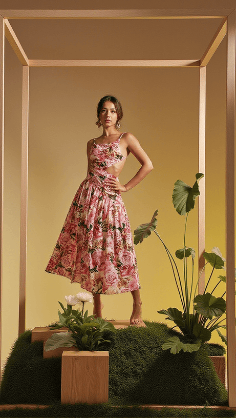 ABITO MIDI CON STAMPA FLOREALE A SPAGHETTI ACIE