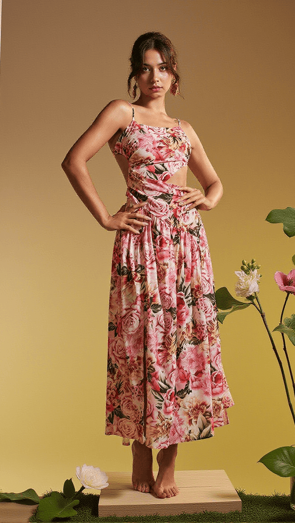 AIIZIE ACIE SPAGHETTI FLORAL PRINT MIDI DRESS - product image