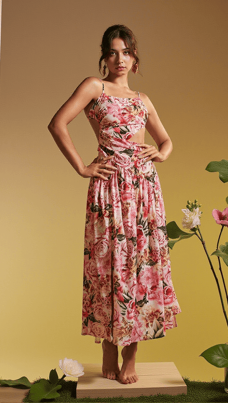 ABITO MIDI CON STAMPA FLOREALE A SPAGHETTI ACIE