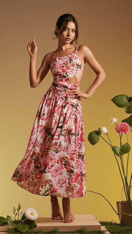 ABITO MIDI CON STAMPA FLOREALE A SPAGHETTI ACIE