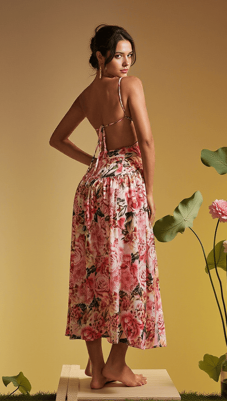 ABITO MIDI CON STAMPA FLOREALE A SPAGHETTI ACIE