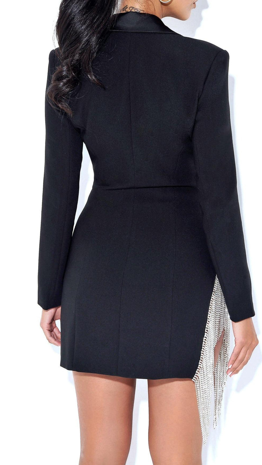 FREYA BLACK CRYSTAL FRINGE BLAZER DRESS