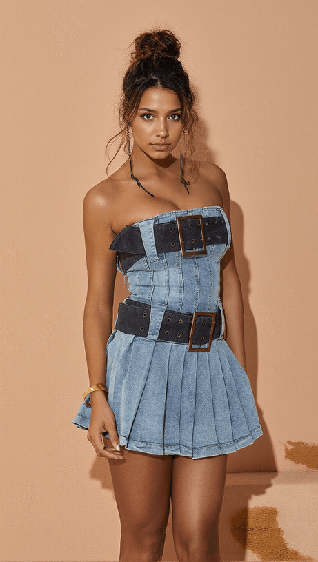 MAKIKO STRAPLESS BELTED MINI DRESS