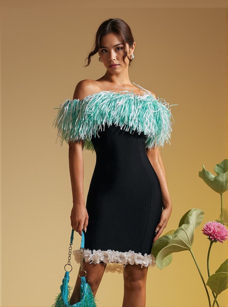 Koda Strapless Fringe Flower Bandage Mini Dress