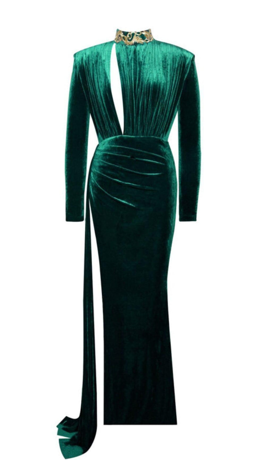 ZENAIDA EMERALD GREEN CUTOUT HIGH SLIT VELVET GOWN