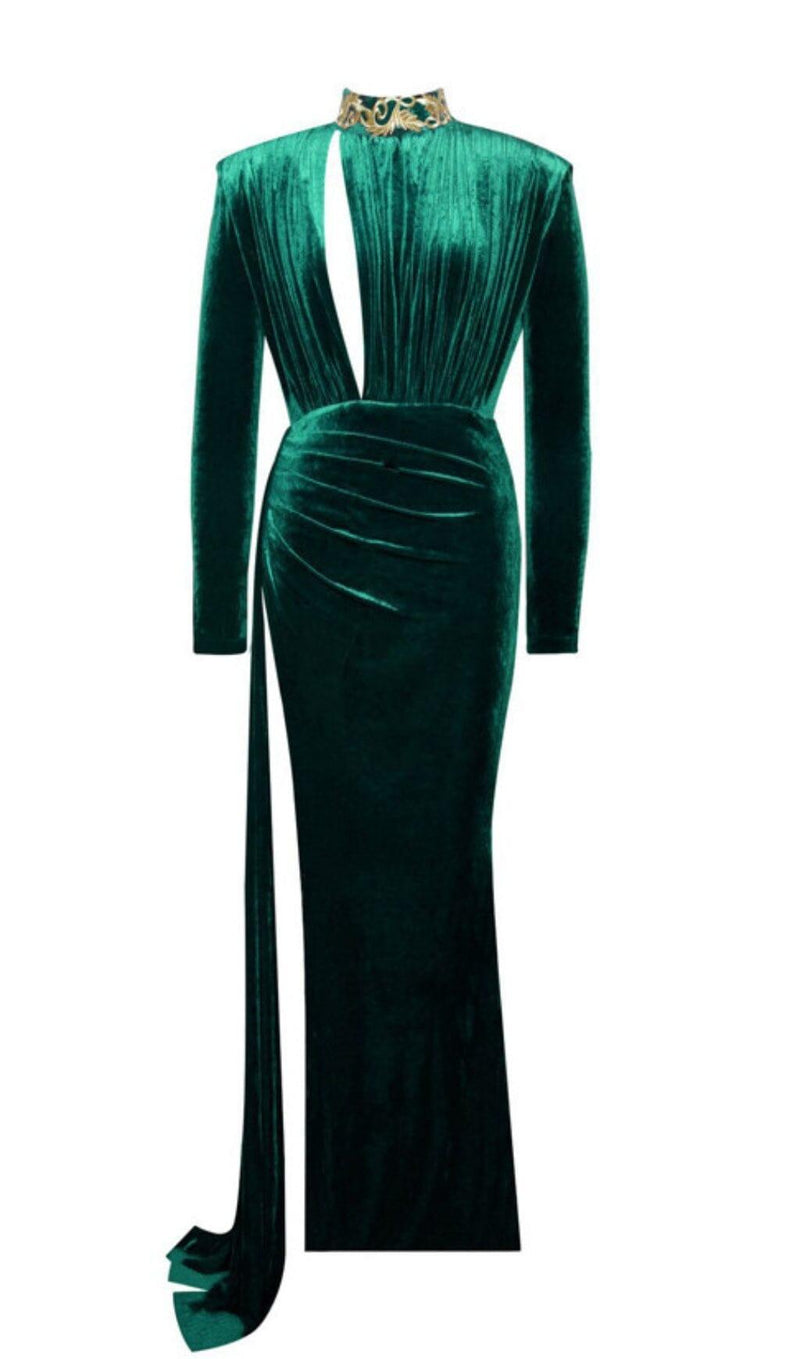 ZENAIDA EMERALD GREEN CUTOUT HIGH SLIT VELVET GOWN