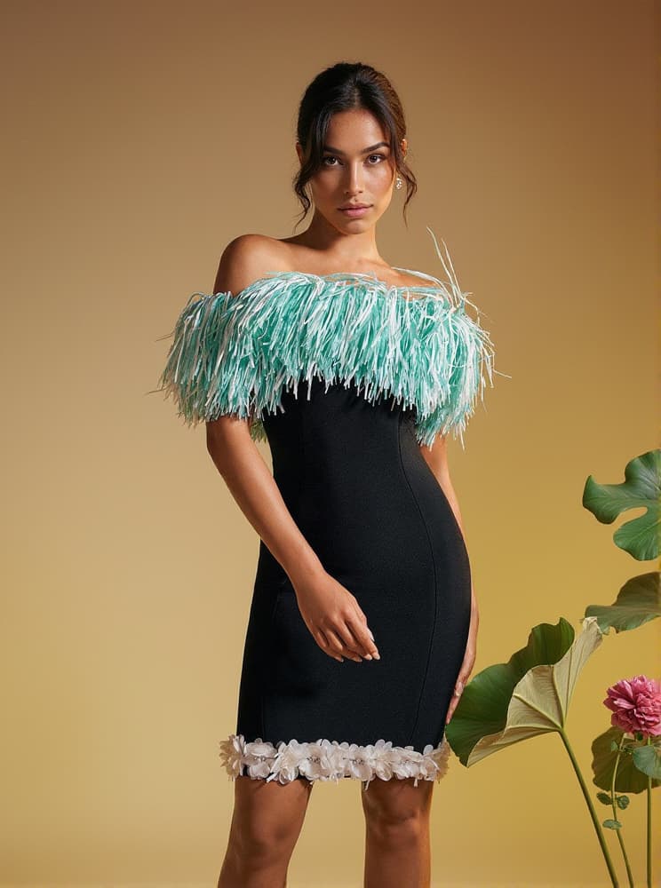 Koda Strapless Fringe Flower Bandage Mini Dress