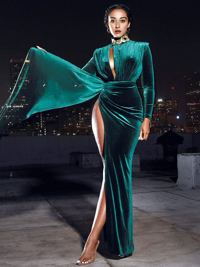 ZENAIDA EMERALD GREEN CUTOUT HIGH SLIT VELVET GOWN