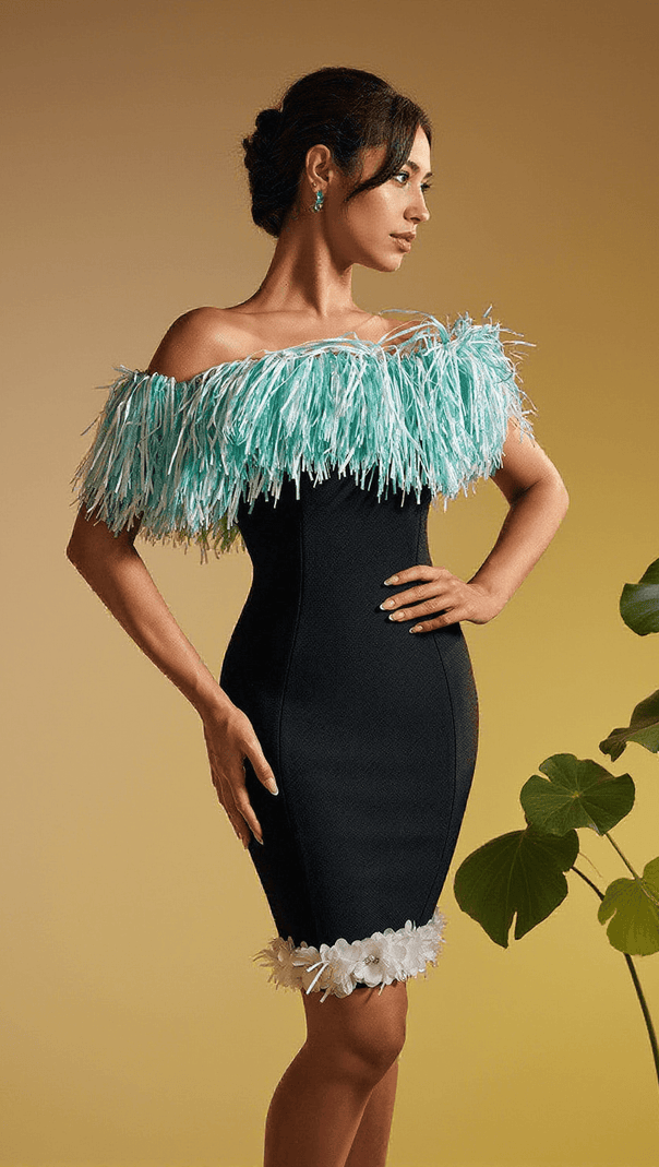 AIIZIE KODA STRAPLESS FRINGE FLOWER BANDAGE MINI DRESS - product image