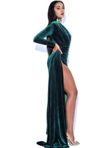 ZENAIDA EMERALD GREEN CUTOUT HIGH SLIT VELVET GOWN