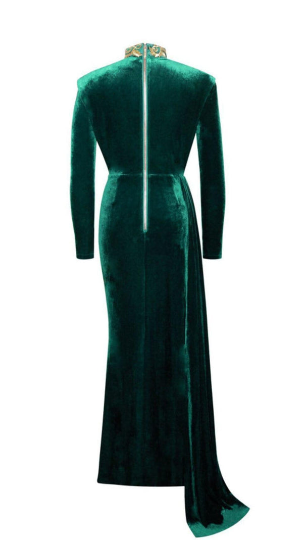 AIIZIE ZENAIDA EMERALD GREEN CUTOUT HIGH SLIT VELVET GOWN - product image