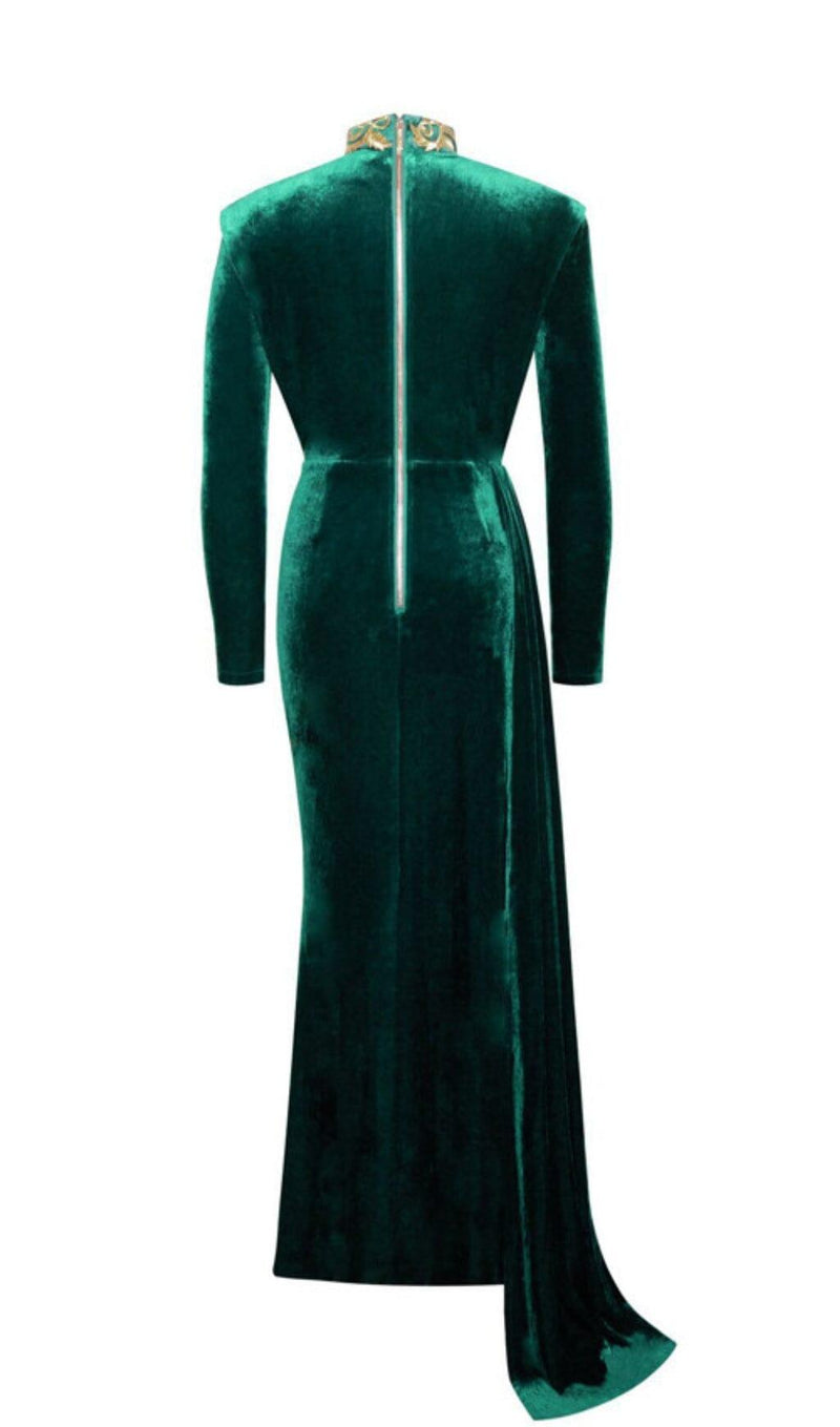 ZENAIDA EMERALD GREEN CUTOUT HIGH SLIT VELVET GOWN