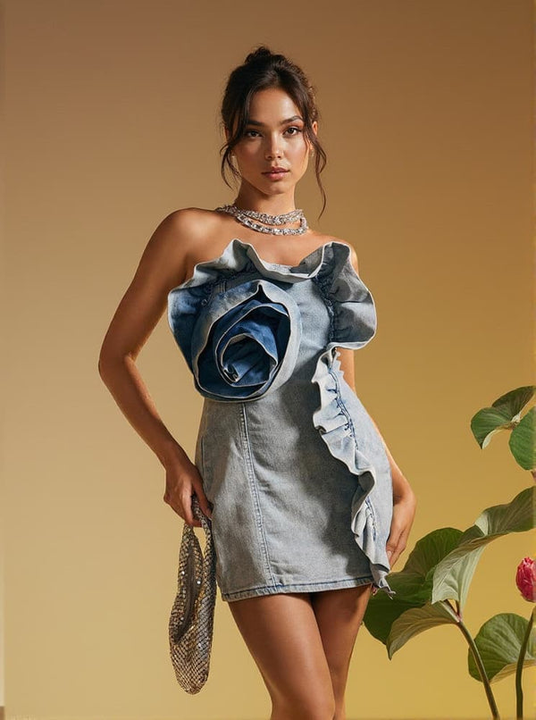 Allegra Strapless Flower Denim Mini Dress