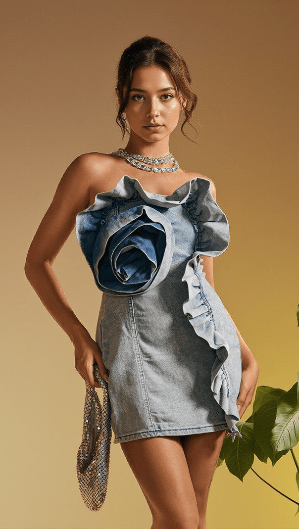 AIIZIE ALLEGRA STRAPLESS FLOWER DENIM MINI DRESS - product image