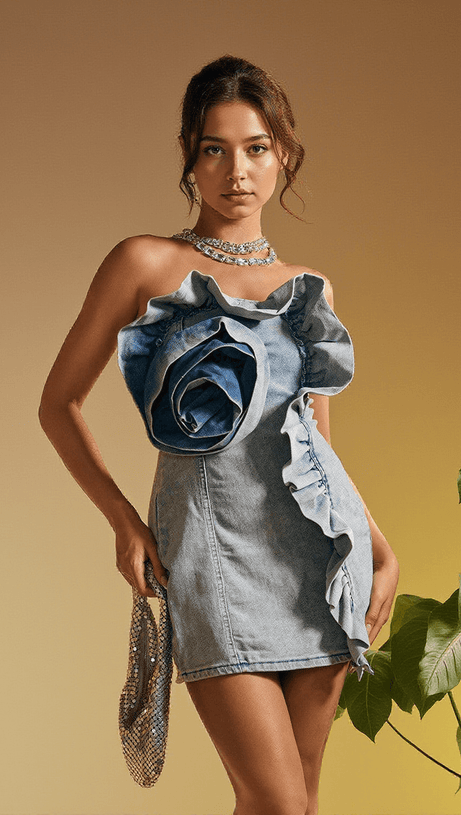 ALLEGRA STRAPLESS FLOWER DENIM MINI DRESS