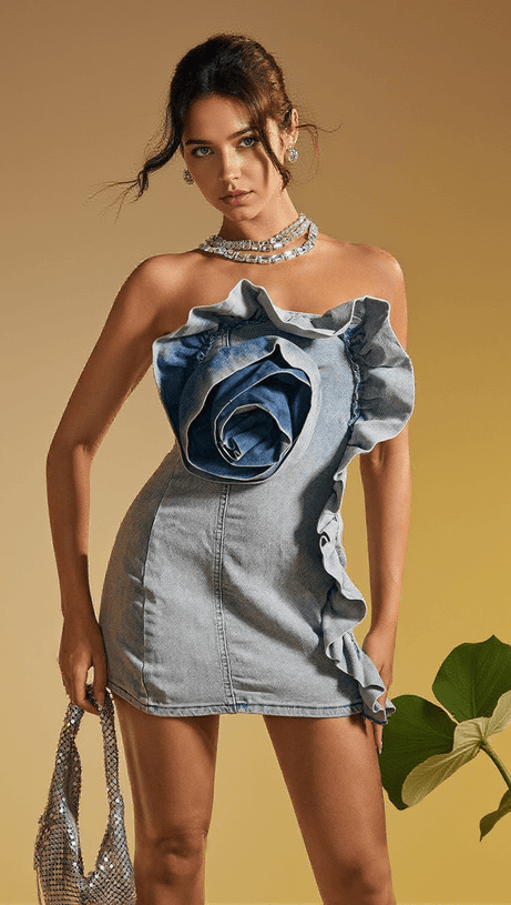 ALLEGRA STRAPLESS FLOWER DENIM MINI DRESS