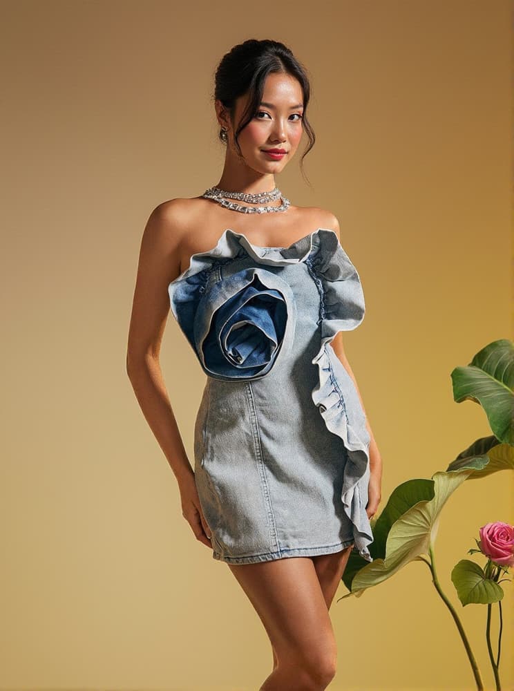 Allegra Strapless Flower Denim Mini Dress