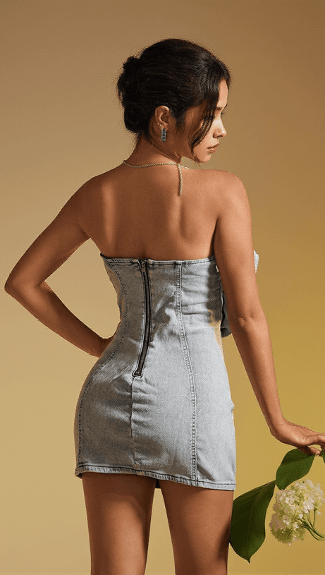 ALLEGRA STRAPLESS FLOWER DENIM MINI DRESS