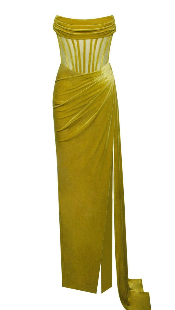 AIIZIE PRIYA GOLD DRAPING CORSET HIGH SLIT VELVET GOWN - product image