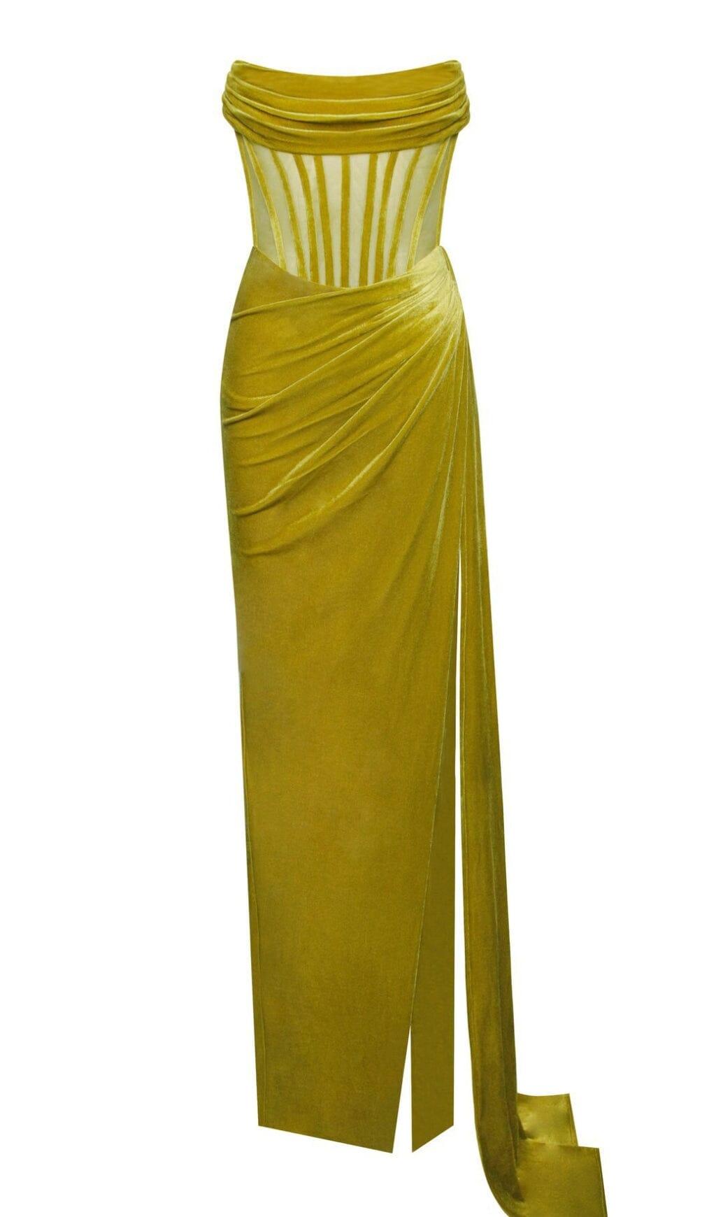 PRIYA GOLD DRAPIERTES KORSETT-SAMTKLEID MIT HOHEM SCHLITZ