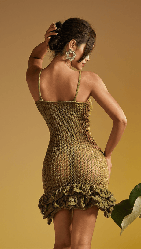 KIKI V NECK RUFFLE HOLLOW KNITTED MINI DRESS