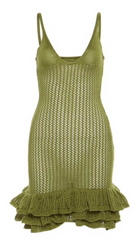 KIKI V NECK RUFFLE HOLLOW KNITTED MINI DRESS