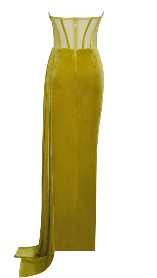 AIIZIE PRIYA GOLD DRAPING CORSET HIGH SLIT VELVET GOWN - product image