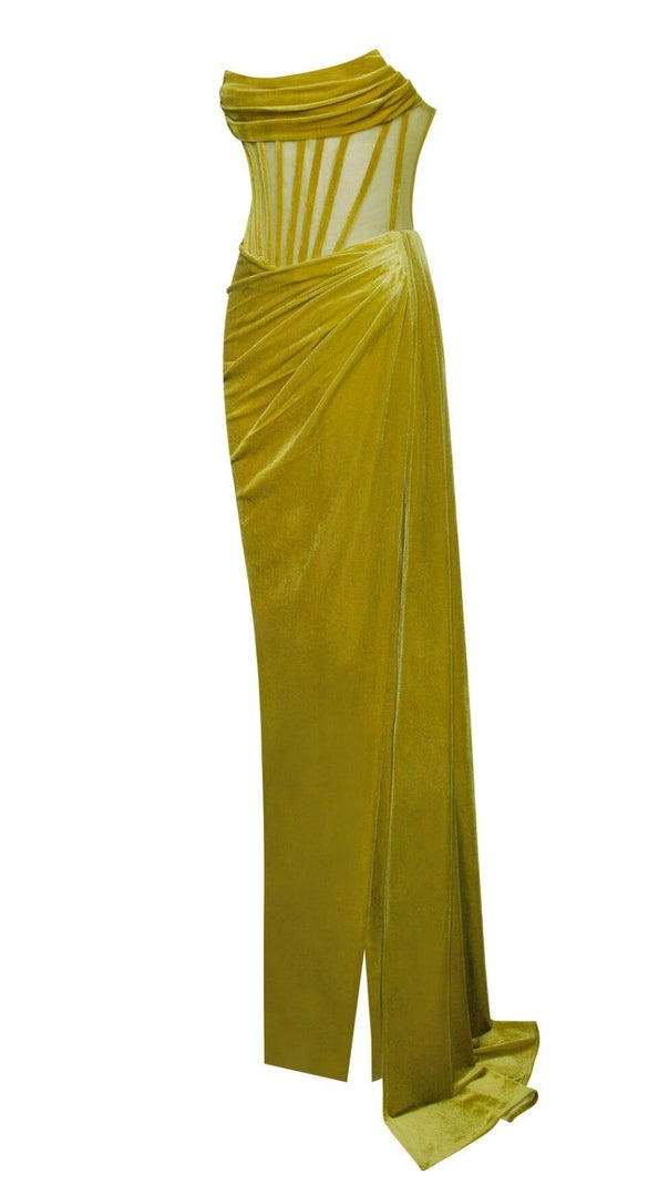 AIIZIE PRIYA GOLD DRAPING CORSET HIGH SLIT VELVET GOWN - product image