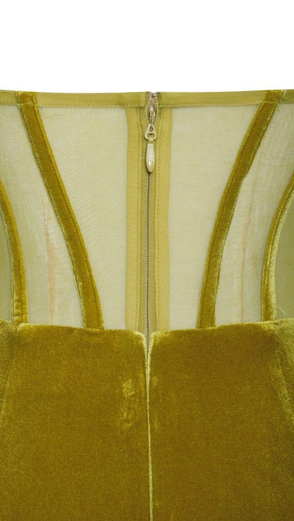 AIIZIE PRIYA GOLD DRAPING CORSET HIGH SLIT VELVET GOWN - product image