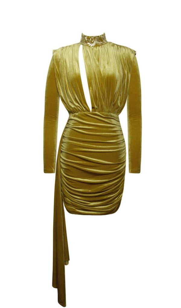 GRACYN GOLD CUTOUT LONG SLEEVE DRAPING VELVET DRESS