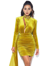 GRACYN GOLD CUTOUT LONG SLEEVE DRAPING VELVET DRESS