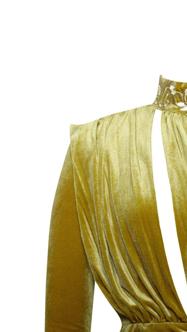 AIIZIE GRACYN GOLD CUTOUT LONG SLEEVE DRAPING VELVET DRESS - product image