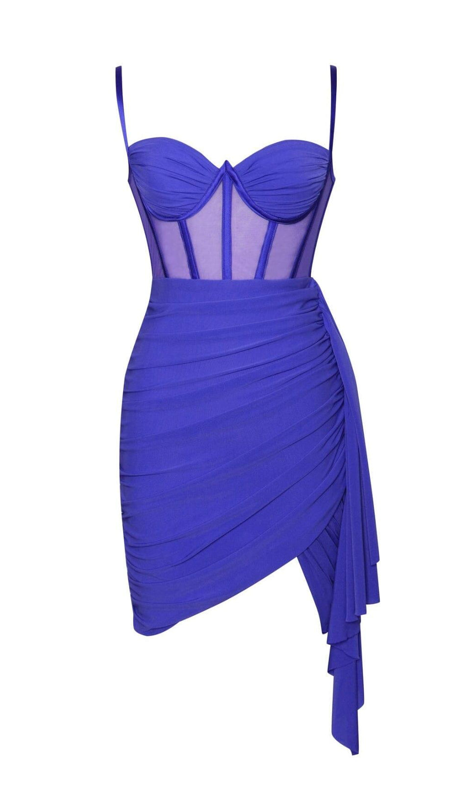 YOLIE ROYAL BLUE RUCHED DRAPING MESH CORSET DRESS