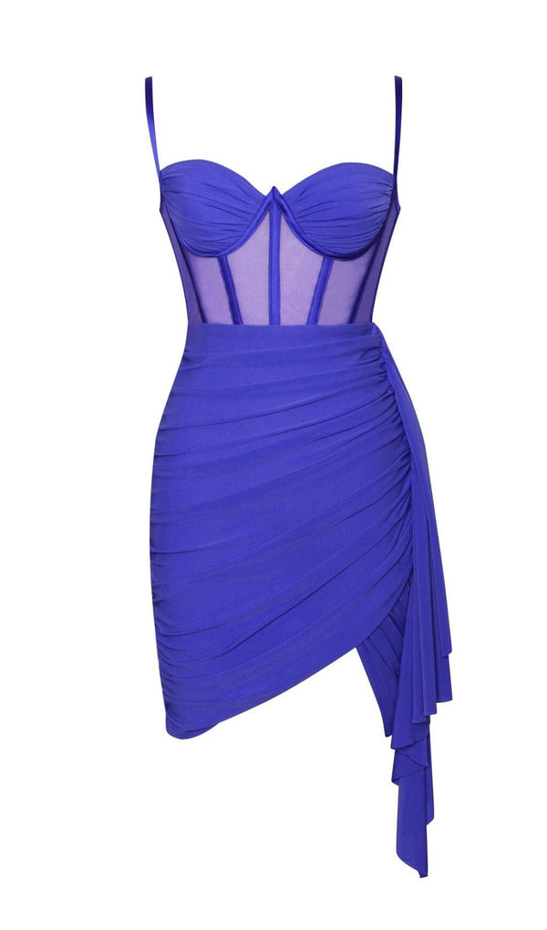 YOLIE ROYAL BLUE RUCHED DRAPING MESH CORSET DRESS