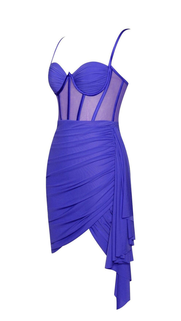 AIIZIE YOLIE ROYAL BLUE RUCHED DRAPING MESH CORSET DRESS - product image