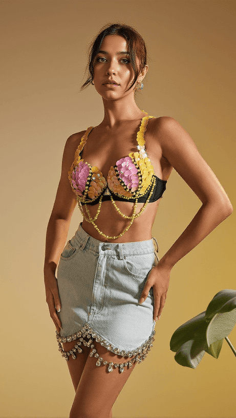 LEONIE SEASHELL RHINESTONE DRAPED CROP TOP