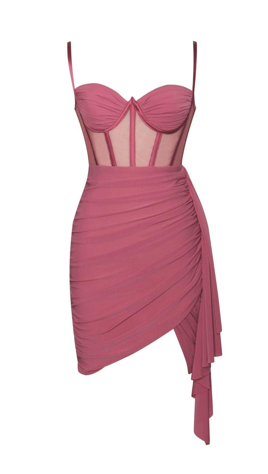 YOLIE SALMON PINK RUCHED DRAPING MESH CORSET DRESS