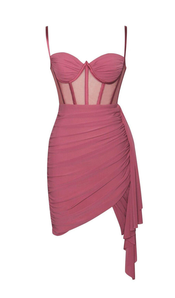 YOLIE SALMON PINK RUCHED DRAPING MESH CORSET DRESS