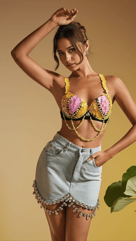 LEONIE SEASHELL RHINESTONE DRAPED CROP TOP