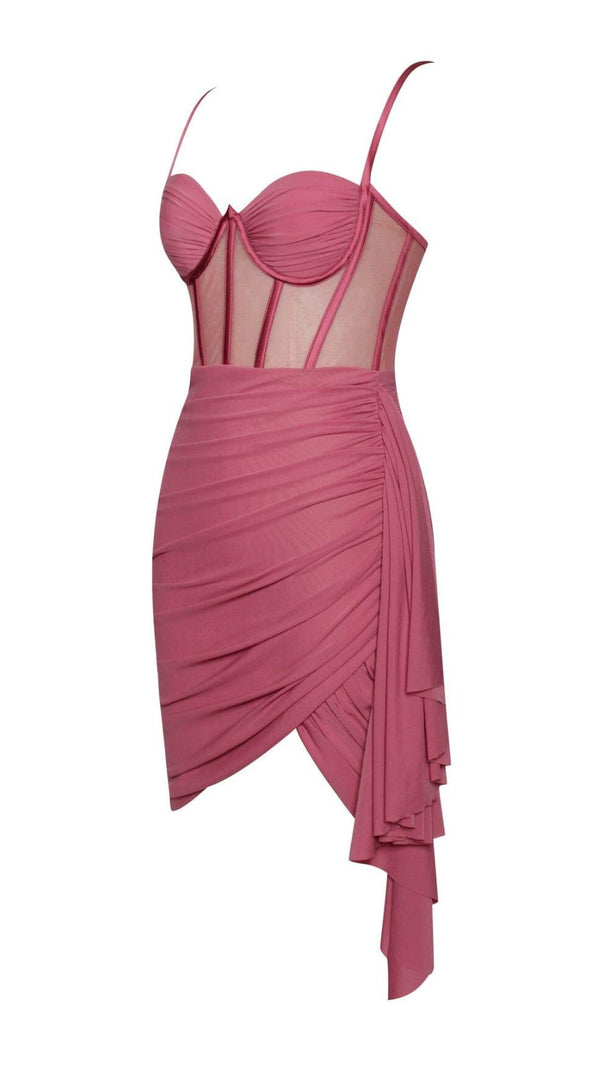 AIIZIE YOLIE SALMON PINK RUCHED DRAPING MESH CORSET DRESS - product image