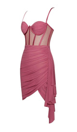 YOLIE SALMON PINK RUCHED DRAPING MESH CORSET DRESS