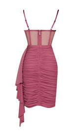 YOLIE SALMON PINK RUCHED DRAPING MESH CORSET DRESS