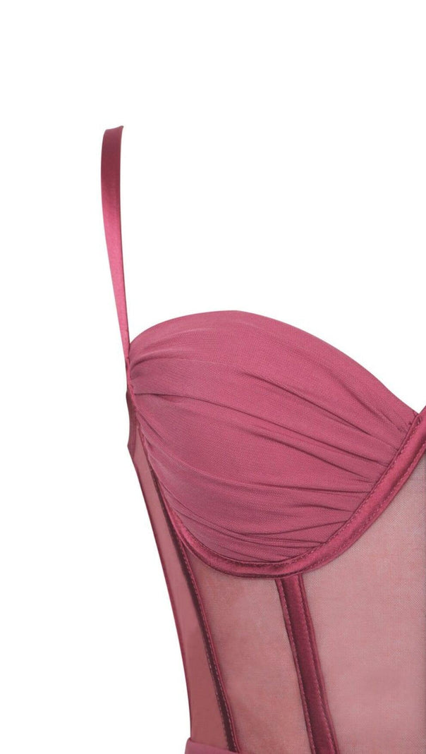 AIIZIE YOLIE SALMON PINK RUCHED DRAPING MESH CORSET DRESS - product image