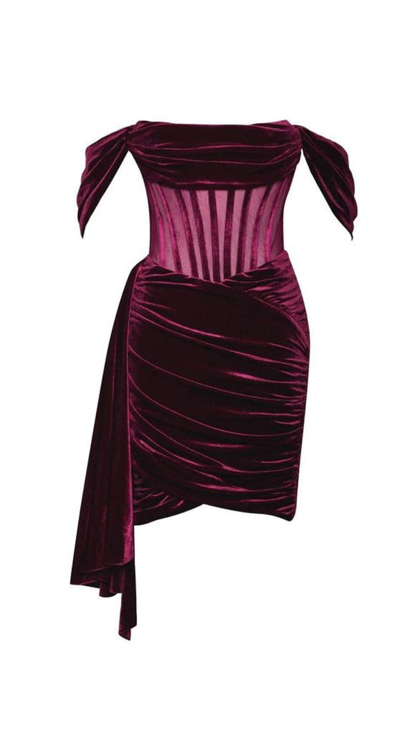 AIIZIE IRISA BURGUNDY DRAPING OFF SHOULDER CORSET DRESS - product image