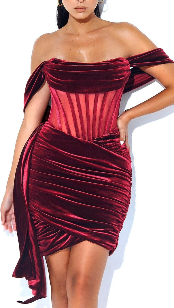 AIIZIE IRISA BURGUNDY DRAPING OFF SHOULDER CORSET DRESS - product image