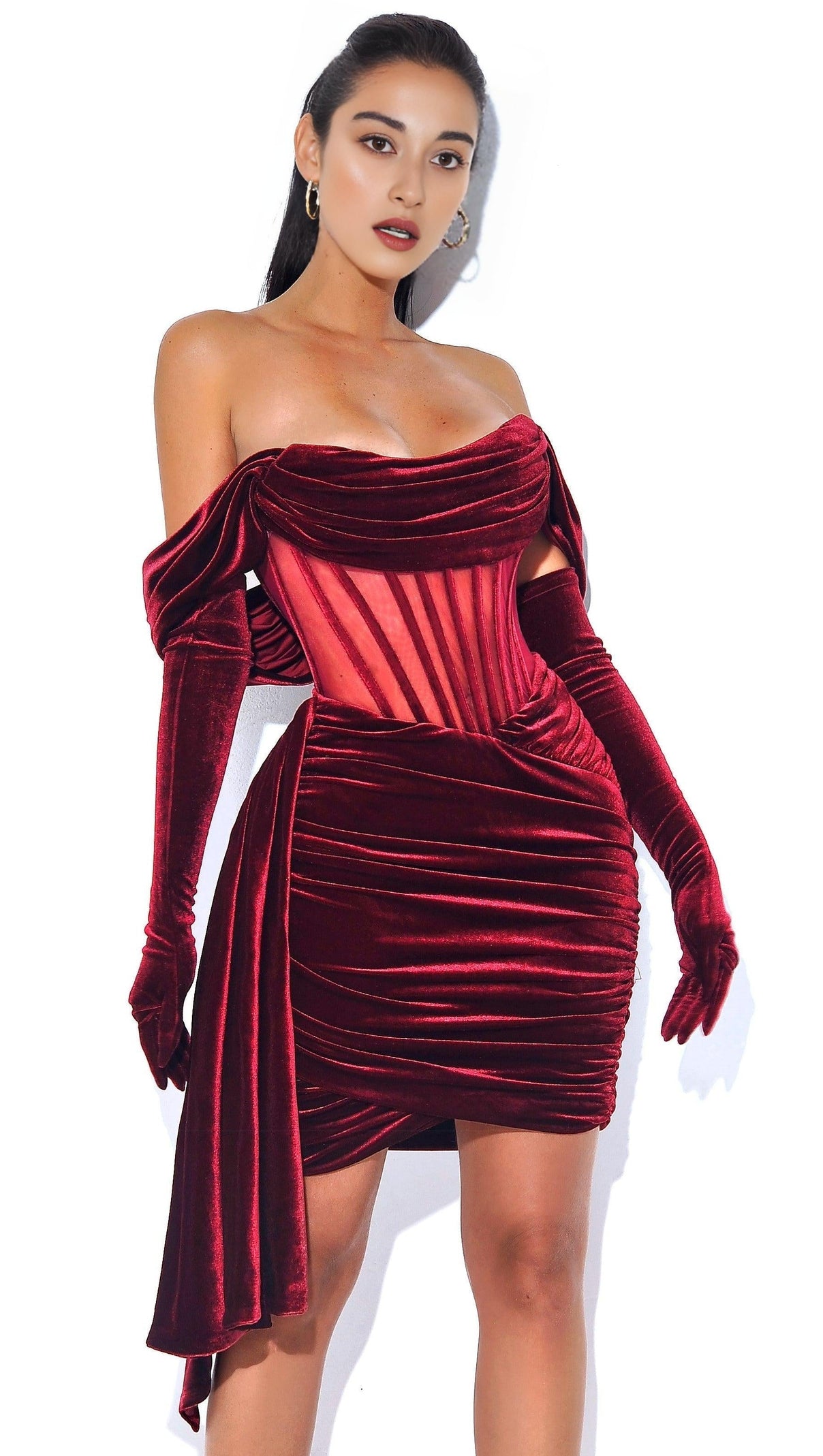 AIIZIE IRISA BURGUNDY DRAPING OFF SHOULDER CORSET DRESS - product image
