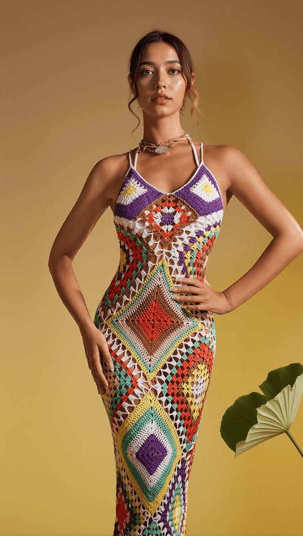 AIIZIE MONROE SPAGHETTI PATCHWORK HOLLOW KNITTED DRESS - product image