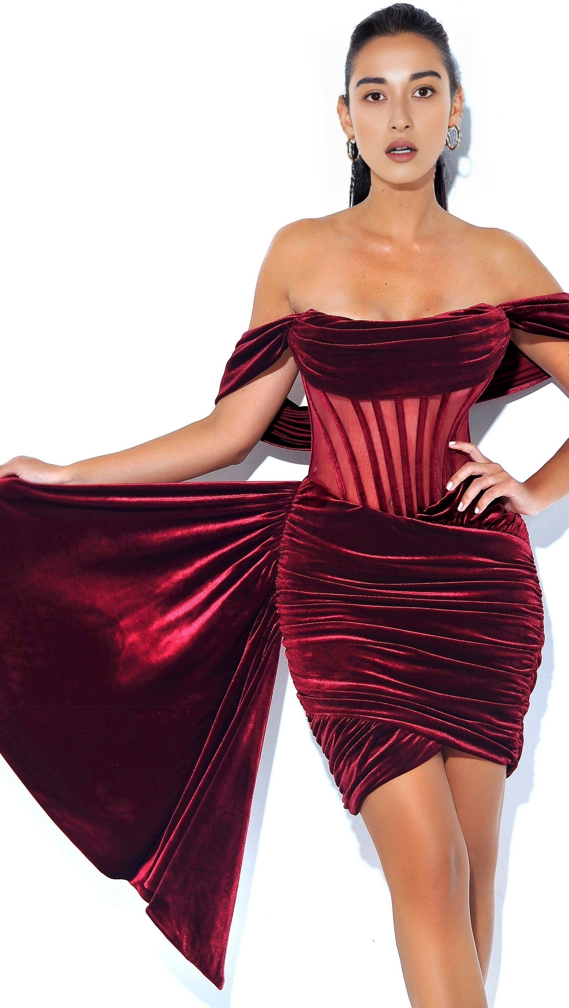 AIIZIE IRISA BURGUNDY DRAPING OFF SHOULDER CORSET DRESS - product image