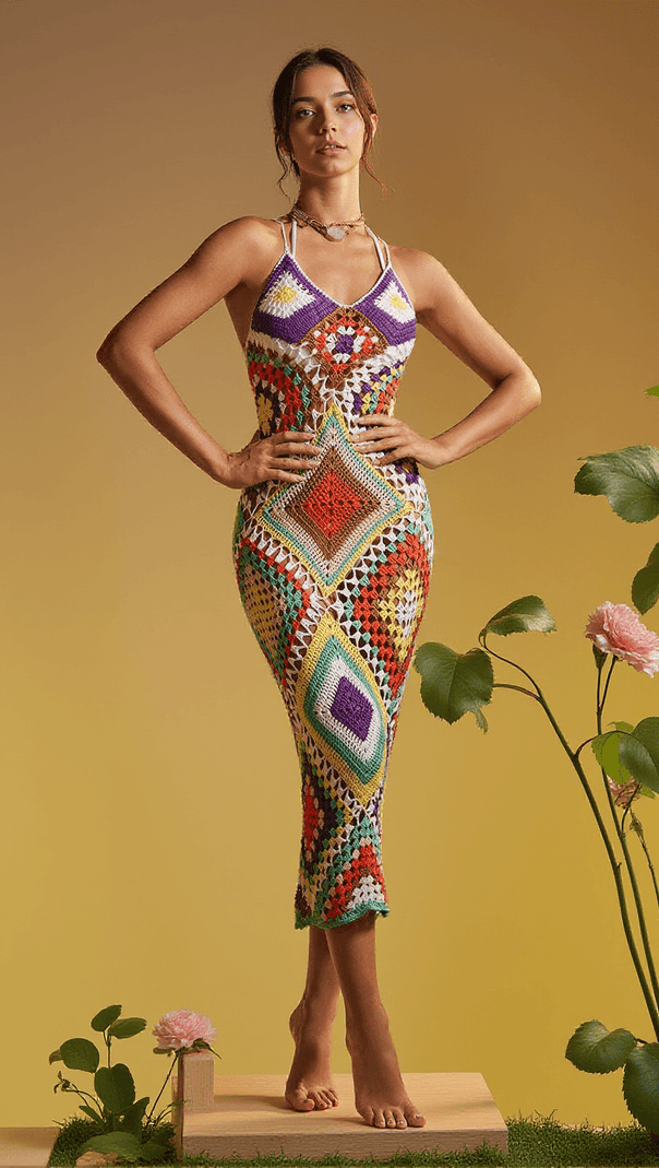 AIIZIE MONROE SPAGHETTI PATCHWORK HOLLOW KNITTED DRESS - product image